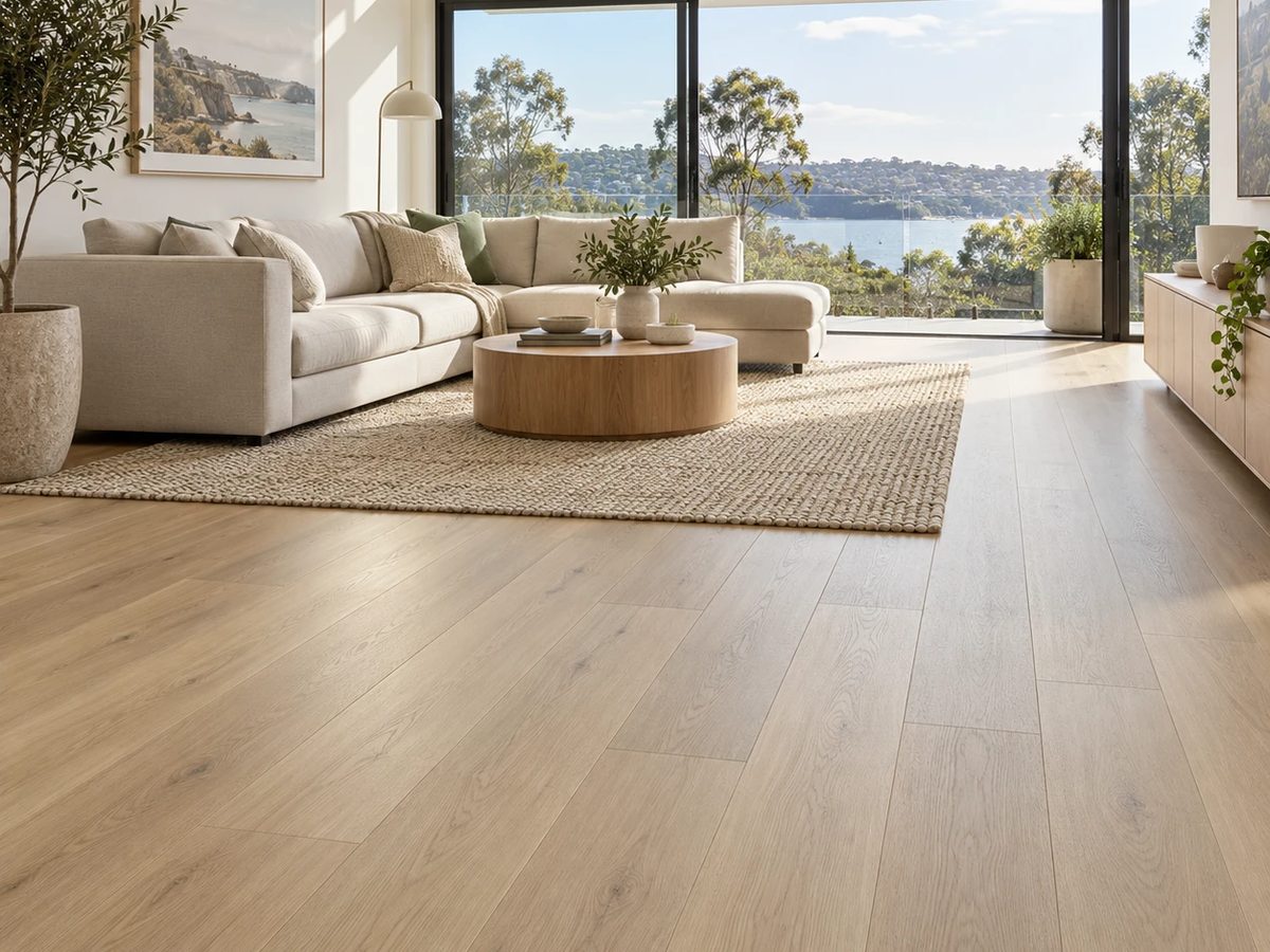 Light oak hybrid flooring in an open-plan living room