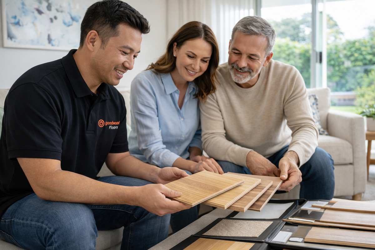 Goodwood Floors consultant showing flooring samples during an in-home measure and quote