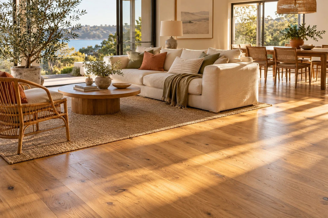 Warm honey-toned oak timber floorboards in a sunlit Adelaide living and dining room